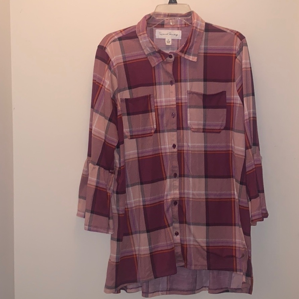 French Laundry Women’s 2XL 3/4 Sleeve Button Down Plaid Pink Blouse Shirt Top